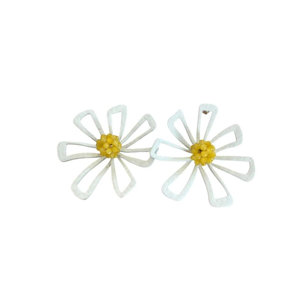ZARA Huge Daisy White Earrings w Yellow beads 3"